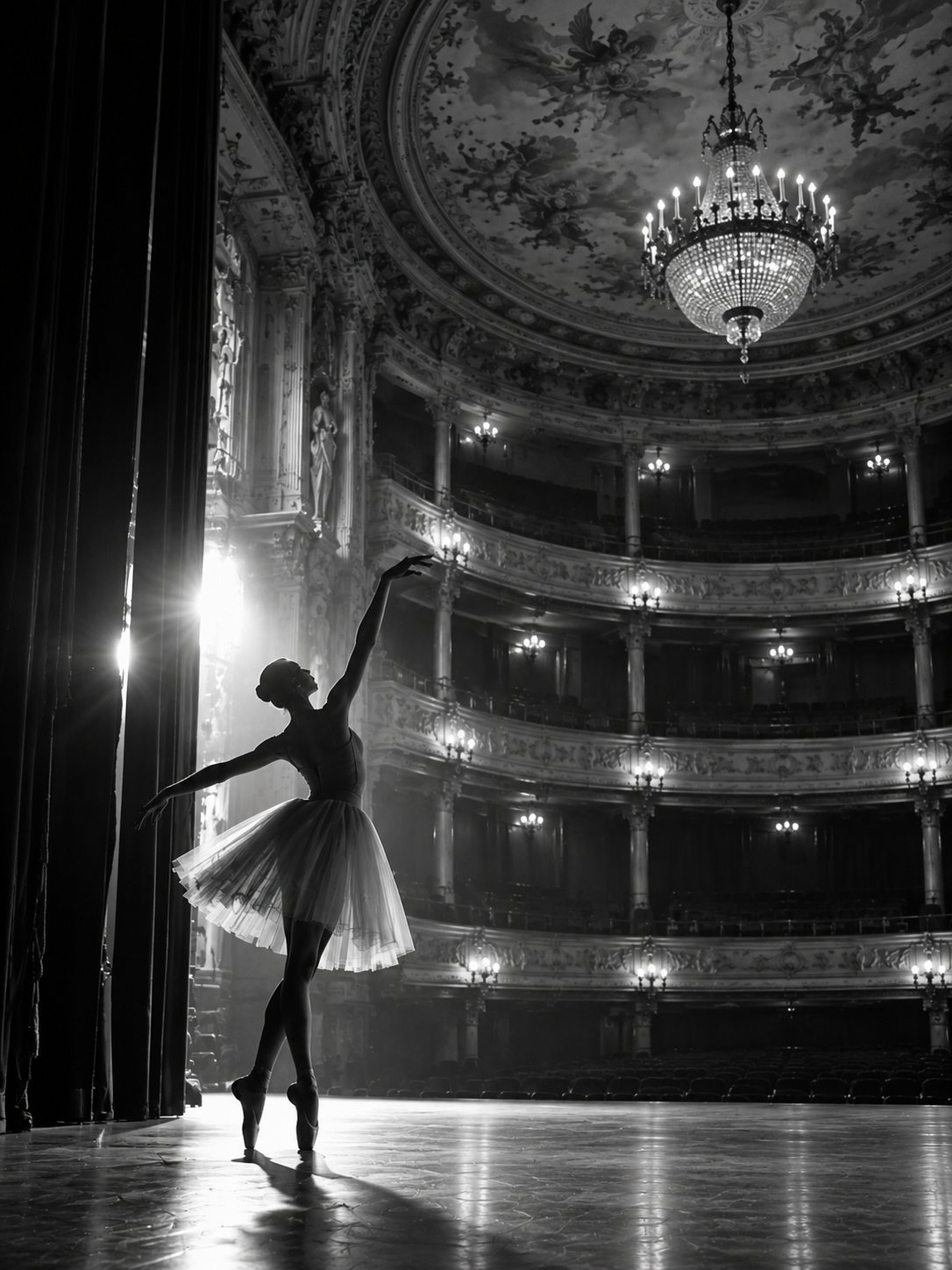 A ballet dancer on pointe on a theatre stage beneath a grand chandelier